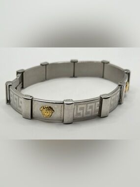 Versace Steel and 18k Gold Medusa Greek Key Bracelet 9inch | 22.86 cm